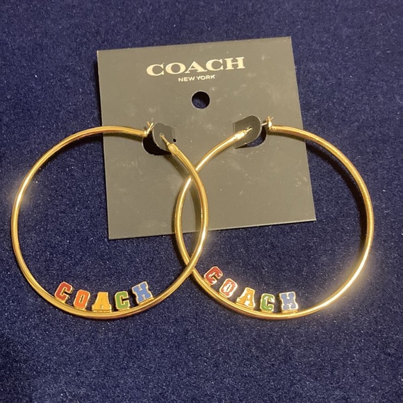 NWT Gold tone large hoop lever back earrings w/multicolored block letter  logo - Picture 2 of 6